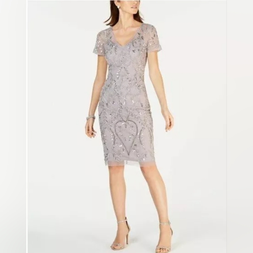 Adrianna Papell Vneck Sequin Lilac Grey Short Beaded Dress Size 2 Ret $275